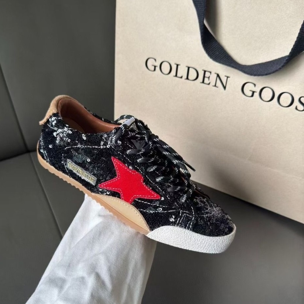 Golden Goose Distressed Black Sneakers with Vibrant Red Star All Sizes Available
